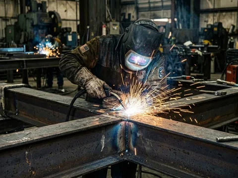 Structural steel fabrication in progress
