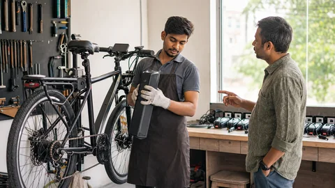 Electric bike being inspected in a clean service workshop