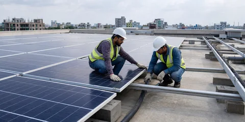 Technicians inspecting a rooftop solar system