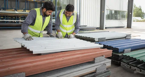 Reusable cladding panels being inspected and sorted by condition